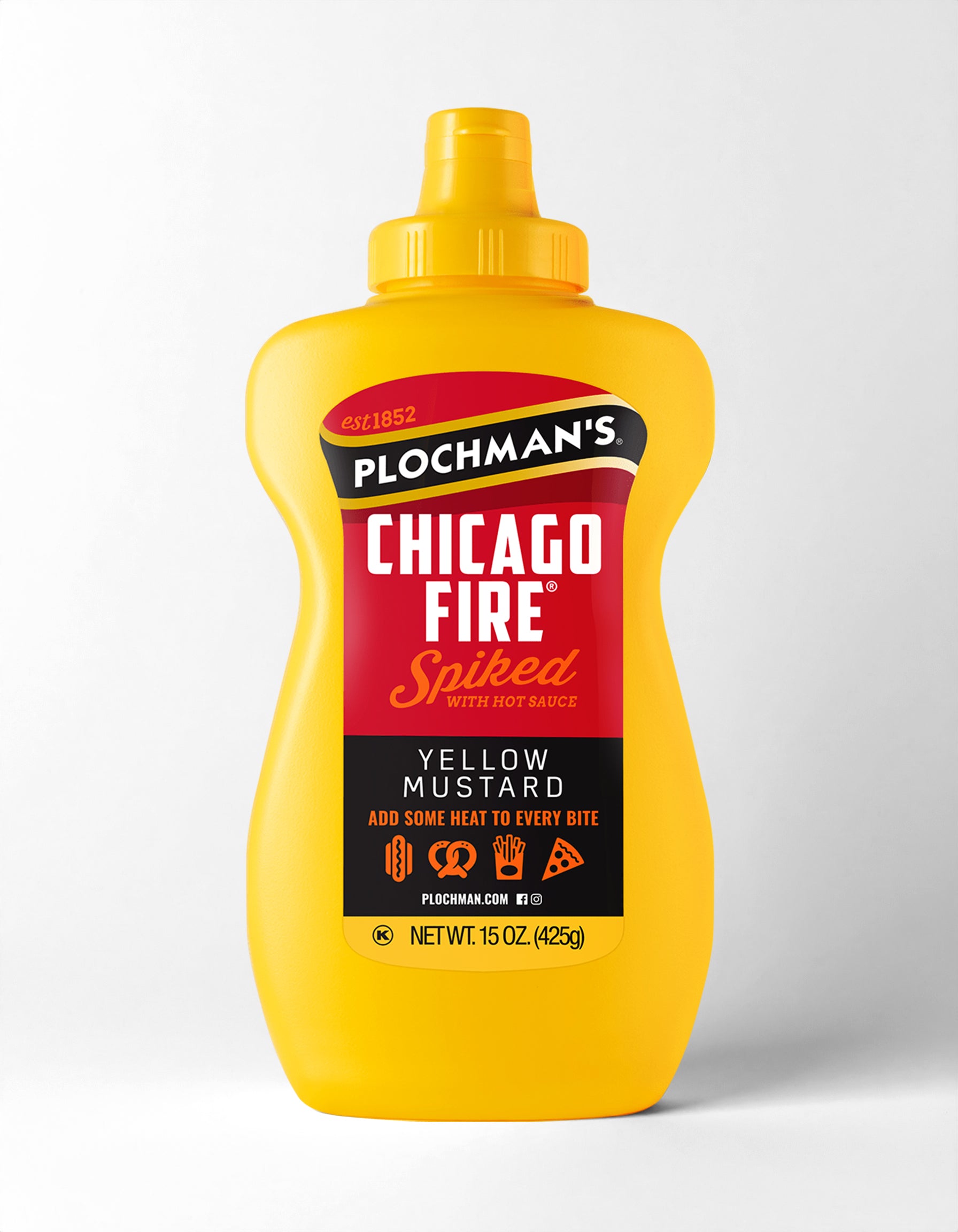 Yellow mustard bottle with red label on a white background