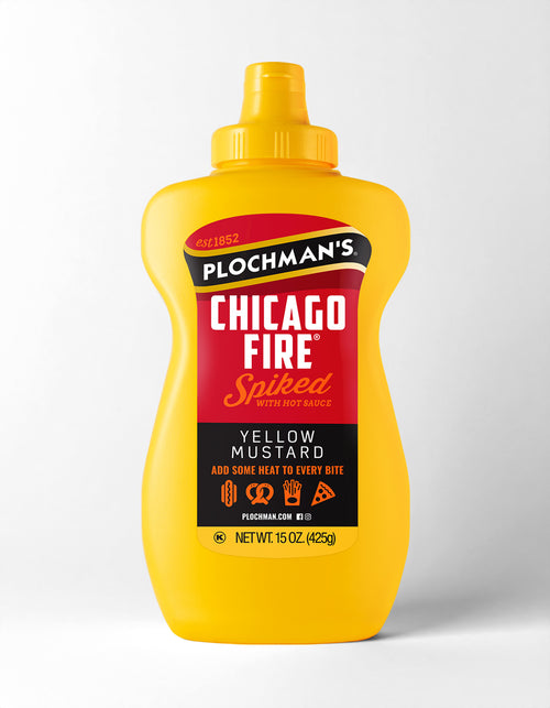 Yellow mustard bottle with red label on a white background