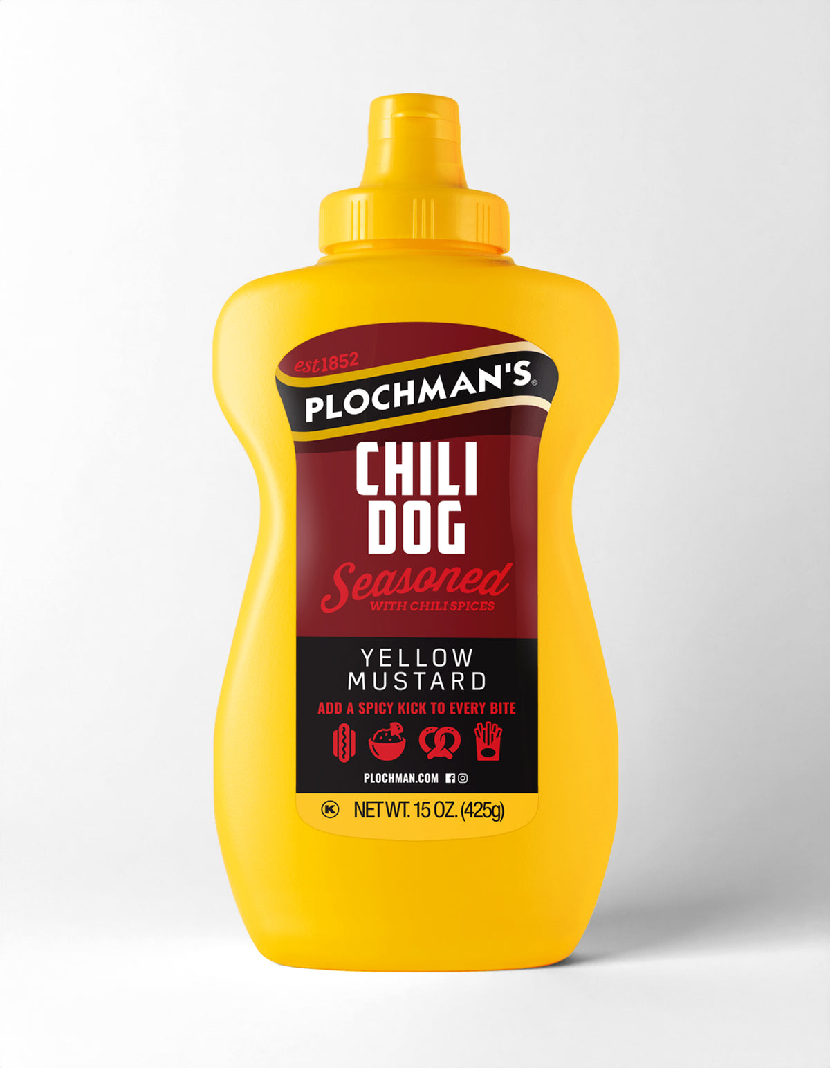 Yellow mustard bottle with Plochman's Chili Dog seasoning label on a white background