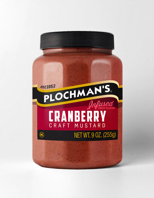 Jar of Plochman's Cranberry Craft Mustard on a white background