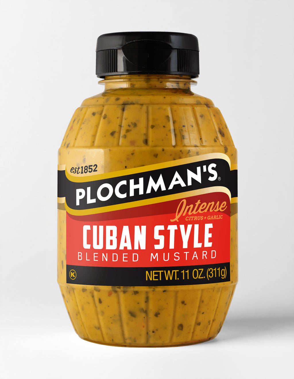 Bottle of Plochman's Cuban Style Blended Mustard on a white background