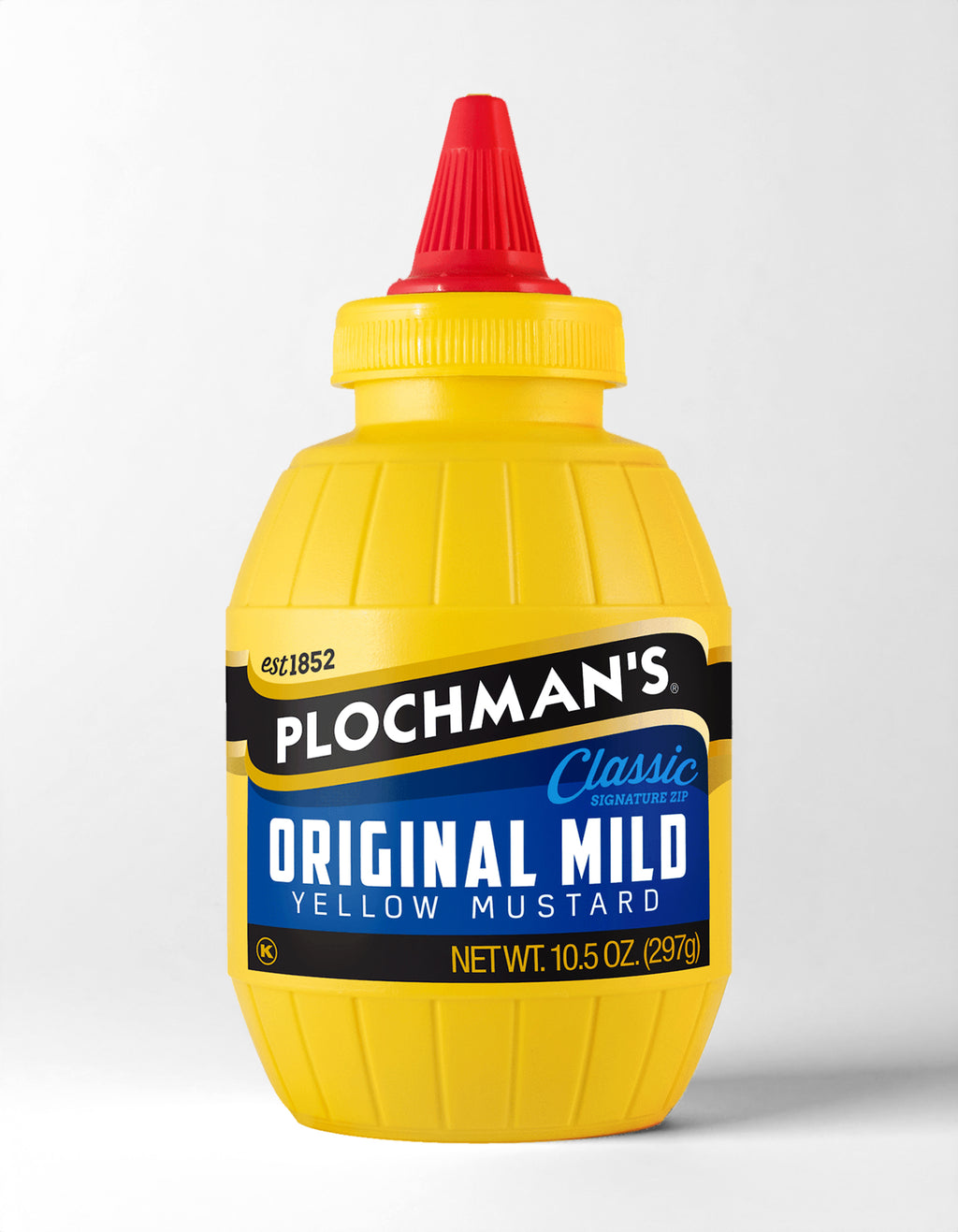 Yellow bottle of Plochman's Original Mild Yellow Mustard with a red cap on a white background