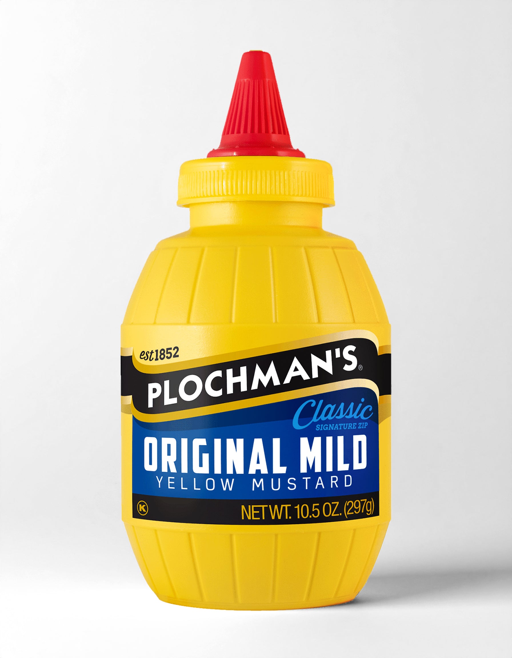 Yellow bottle of Plochman's Original Mild Yellow Mustard with a red cap on a white background