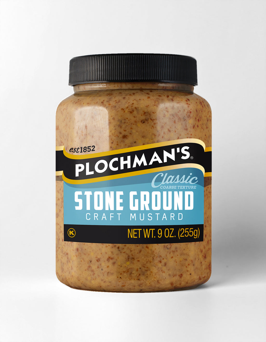 Jar of Plochman's Stone Ground Craft Mustard on a white background