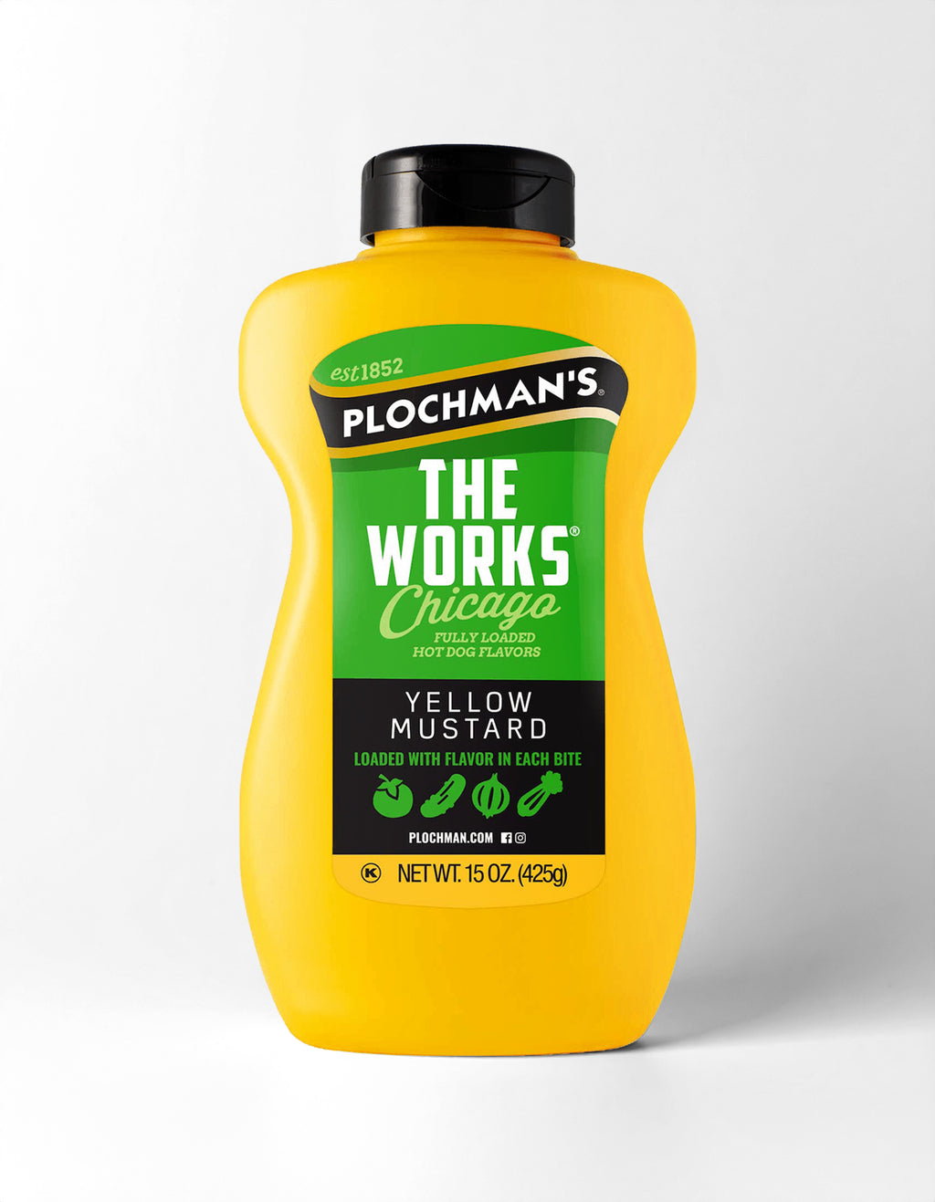 Yellow mustard bottle with green label on a white background