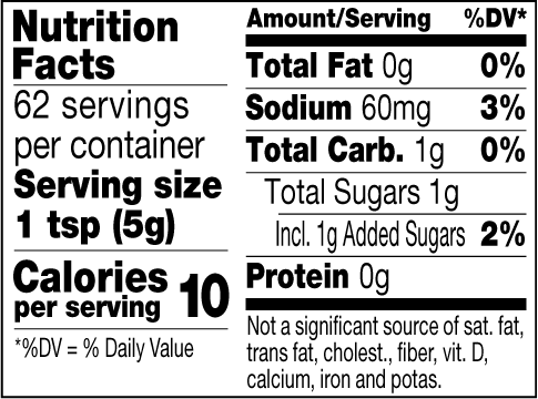 Nutrition facts label for a product with serving size, calories, and nutritional content.