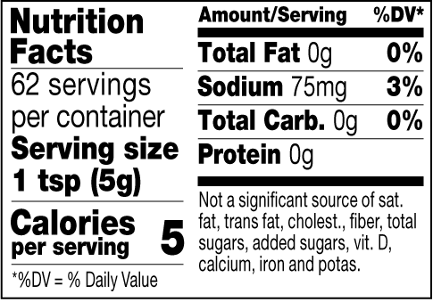 Nutrition facts label for a product with serving size, calories, and nutrient content.