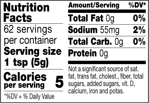 Nutrition facts label for a product with serving size, calories, and nutrient content.