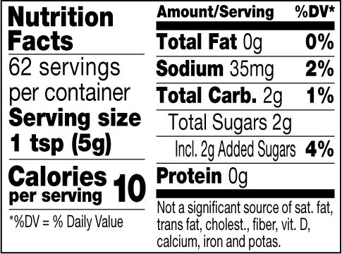 Nutrition facts label for a product with serving size, calories, and nutritional content.