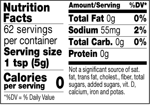 Nutrition facts label for a product with zero calories and minimal nutrients per serving.
