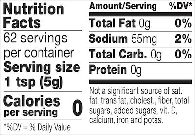 Nutrition facts label for a product with zero calories per serving