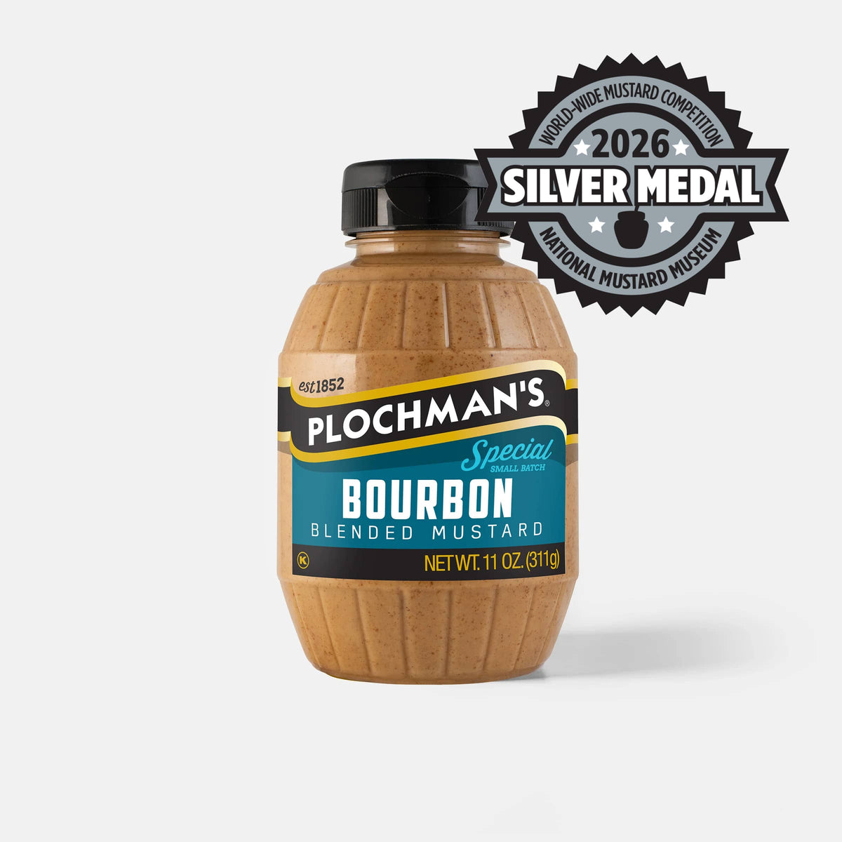 A bottle of Plochman's Bourbon Blended Mustard with a black cap, with a silver 2026 World-Made Mustard Competition medal badge.
