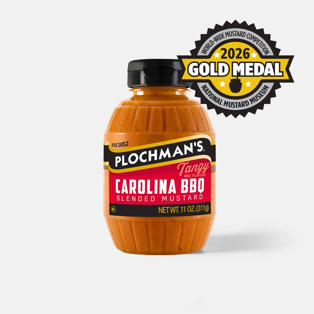 A bottle of Plochman's Carolina BBQ Blended Mustard with a black cap, featuring a 2026 Bronze Medal badge from the Worldwide Mustard Competition from the Mustard Museum.